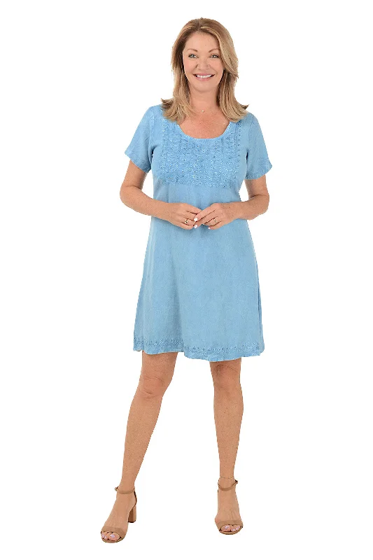 short sleeve ultra-soft fabric dress -Chambray Rhinestone Leaf Short Sleeve Dress