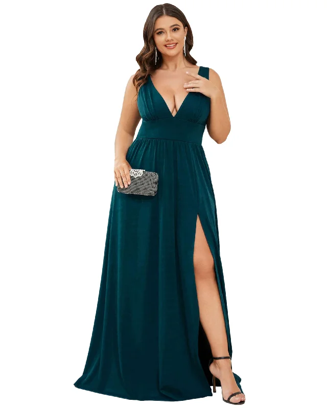 sleeveless evening gown -Sleeveless V-Neck Empire Waist High Slit Floor-Length Evening Dress | Teal