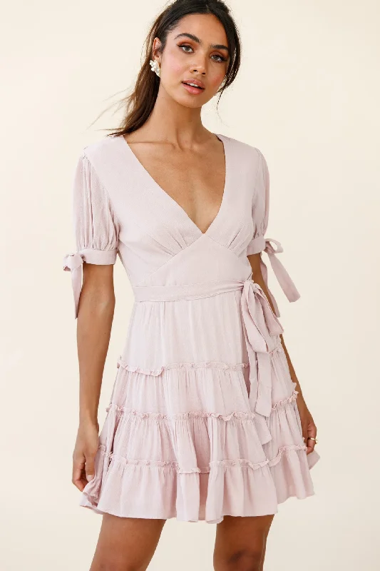 short sleeve modern dress -Jocelyn Short Sleeve Tied Cuff Layered Ruffle Dress Nude