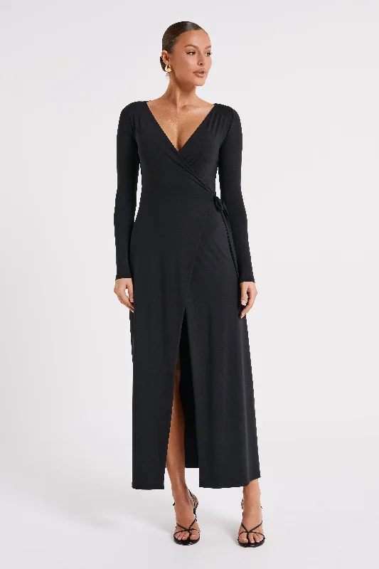 Women's maxi dress weekend flow -Gillian Recycled Nylon Wrap Maxi Dress - Black