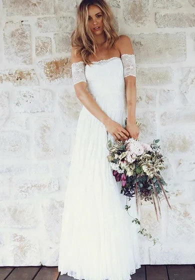 short sleeve slit dress -A-line Off-the-shoulder Short Sleeves Lace Boho Wedding Dress Wedding Dresses