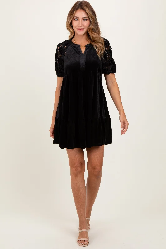 short sleeve glitter dress -Black Velvet Floral Lace Short Sleeve Dress