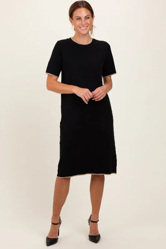 short sleeve elegant maxi dress -Black Knit Short Sleeve Contrast Trim Dress