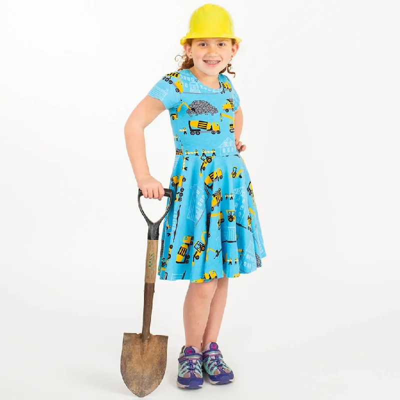 short sleeve ruffled hem dress -"Groundbreaker" Construction Trucks Short Sleeve Super Twirler Dress