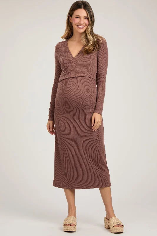 maternity easy to wear maternity dress -Brown Ribbed Long Sleeve Maternity Wrap Nursing Dress