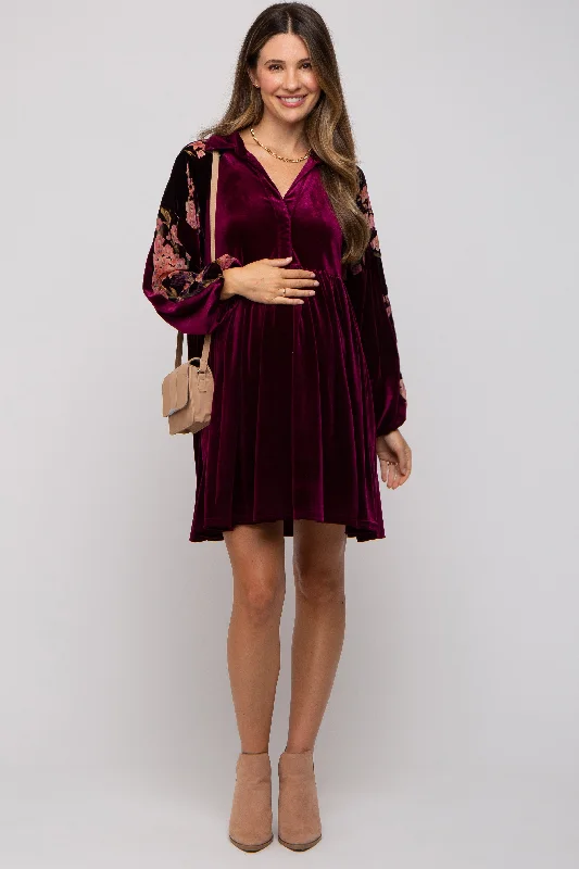 maternity body-hugging dress -Plum Velvet Floral Long Sleeve Maternity Dress