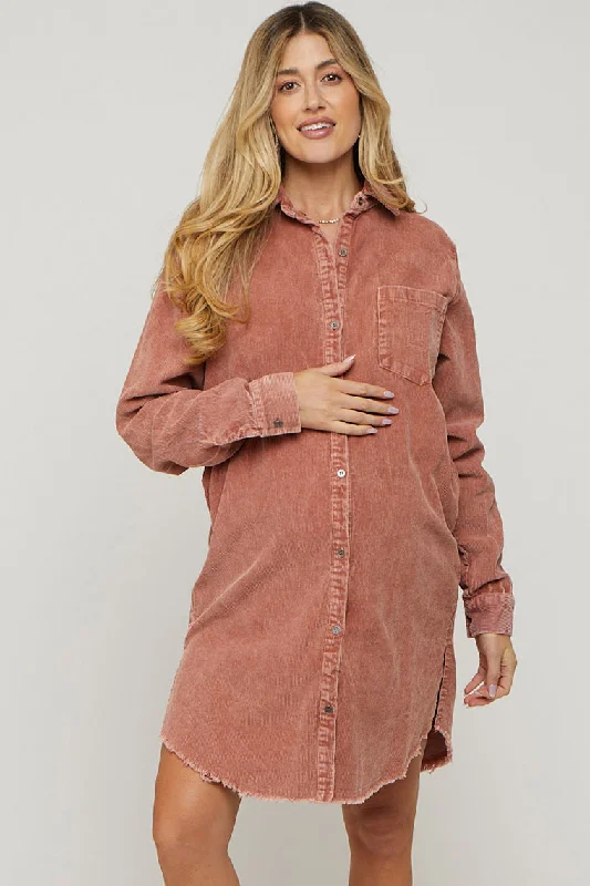 maternity bodycon dress -Rust Corduroy Button Down Collared Maternity Dress