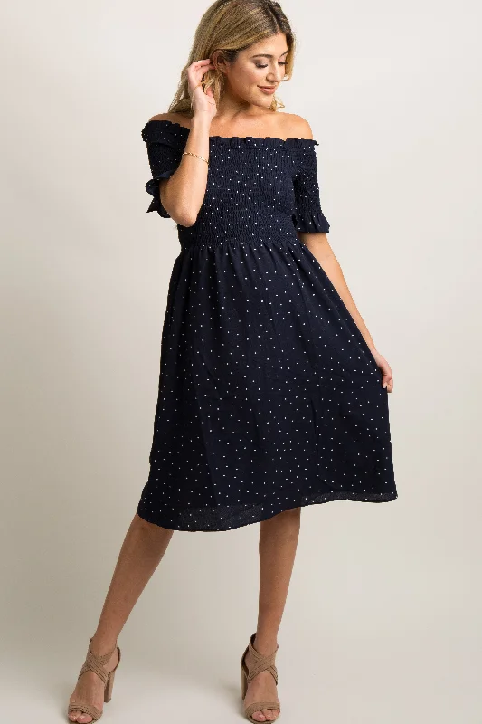 maternity ultra comfort maternity dress -Navy Polka Dot Smocked Maternity Dress