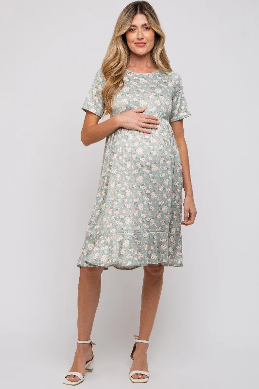 maternity velvet maternity dress -Light Olive Floral Knit Short Sleeve Maternity Dress