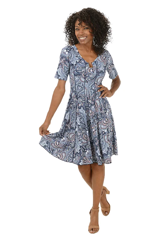 short sleeve everyday wear dress -Paisley Metallic U-Neck Short Sleeve Dress