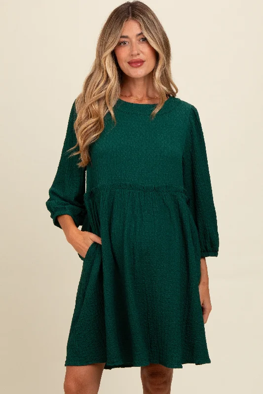 maternity pregnancy work dress -Forest Green Knit Ruffle Trim Maternity Dress