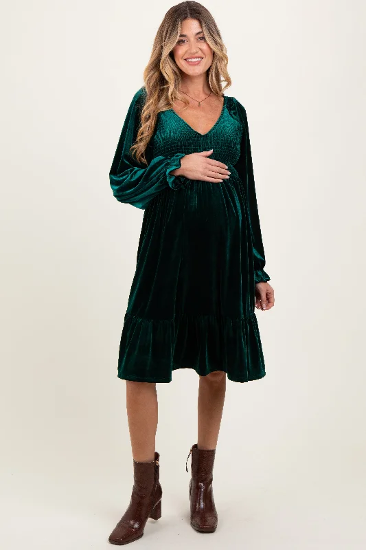 maternity black dress -Forest Green Velvet Smocked Maternity Long Sleeve Dress