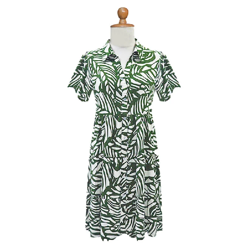 short sleeve elegant dress -La Mer Luxe Carabella Short Sleeve Dress - Cream/Olive Tropical Leaf