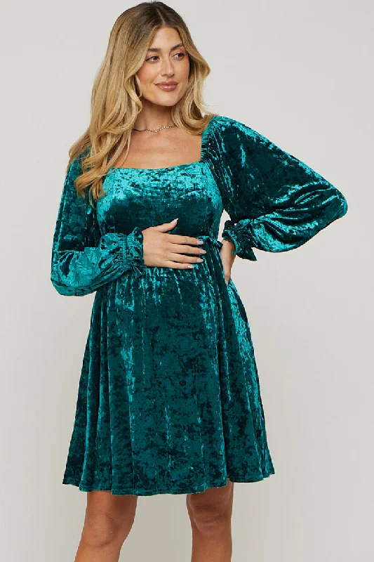 maternity office dress -Green Teal Velour Square Neck Maternity Dress