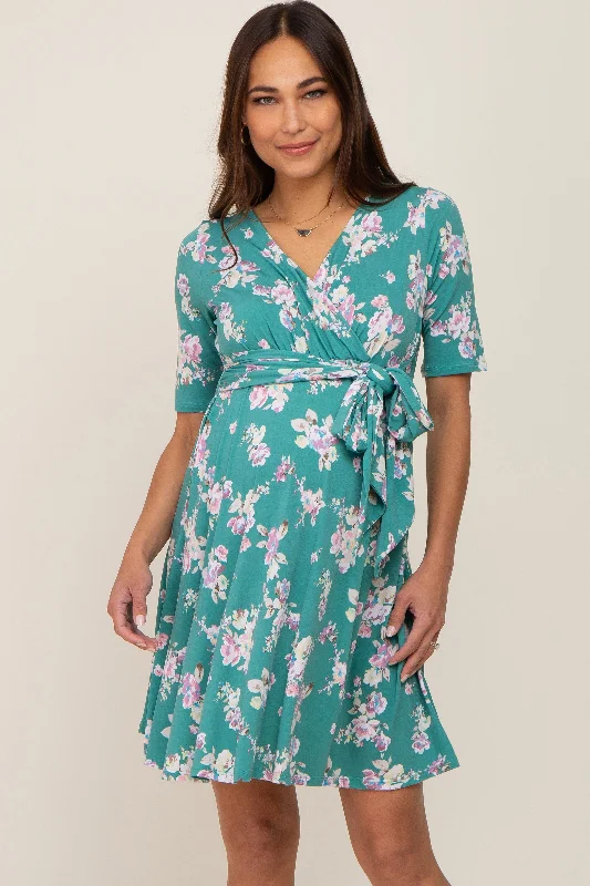 maternity one piece dress -Jade Floral Wrap Front V-Neck Short Sleeve Maternity Dress