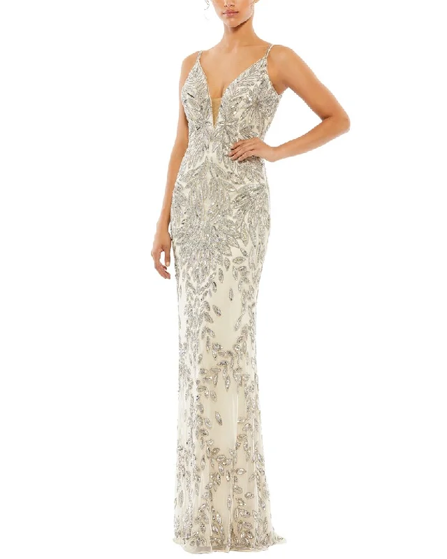 sleeveless beach dress -Mac Duggal Sequined Sleeveless Plunge Neck Trumpet Gown