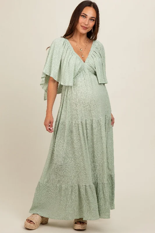 maternity long maternity dress -Light Olive Flounce Sleeve Tiered Maternity Dress