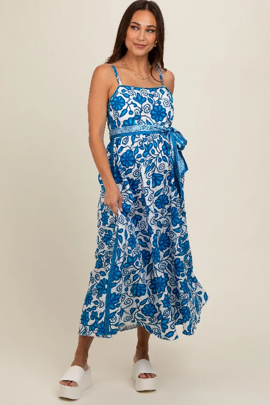 maternity pregnancy safe dress -Blue Floral Crochet Accent Waist Tie Maternity Dress