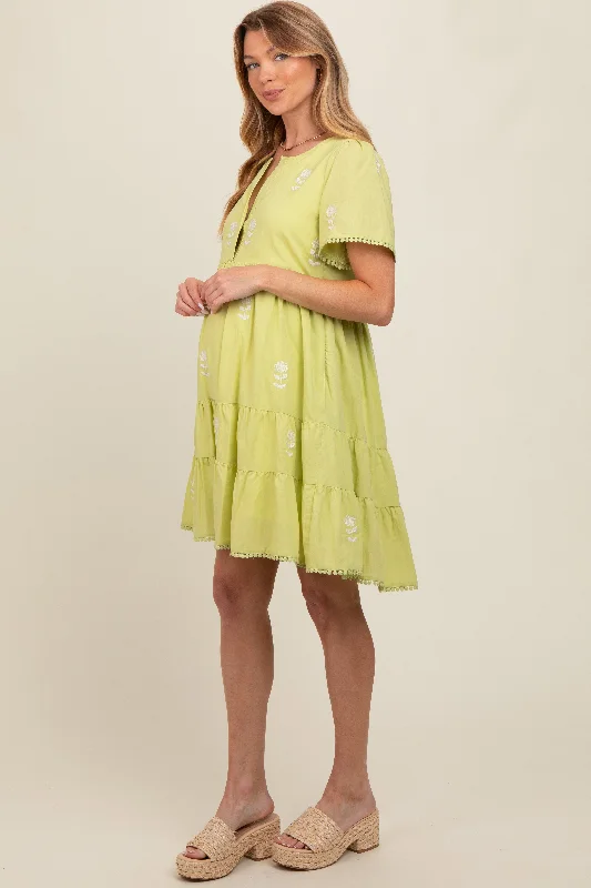 maternity boho dress -Lime Embroidered Split Neck Maternity Dress