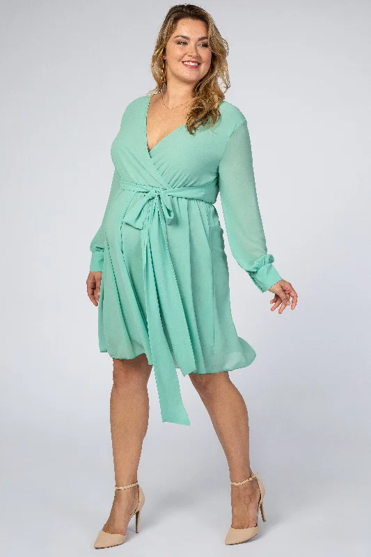 maternity breathable everyday dress -Mint Green Chiffon Plus Maternity Wrap Dress