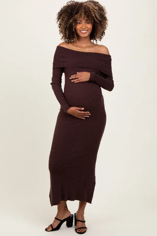 maternity long sleeve dress -Brown Ribbed Knit Off Shoulder Side Slit Maternity Sweater Dress