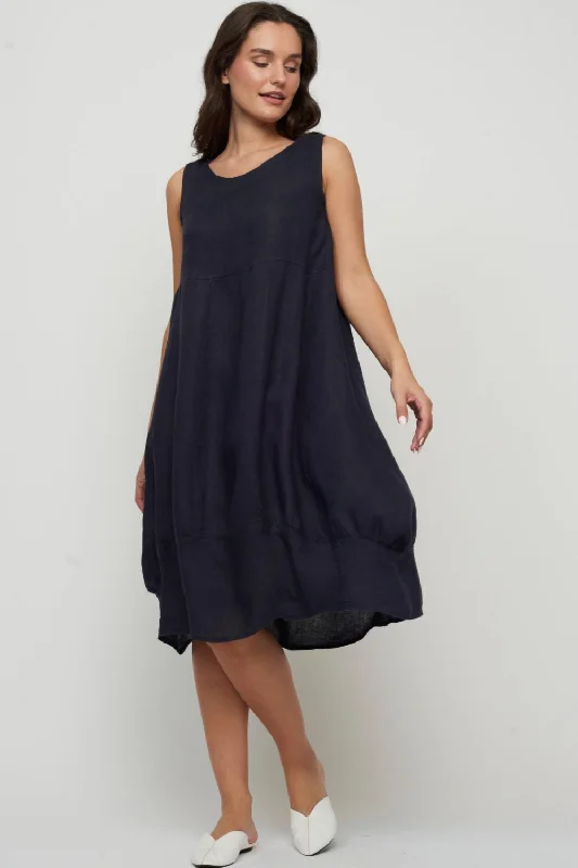 sleeveless dreamy lace dress -Pistache Sleeveless Linen Bubble Dress with Elastic Underarms N-2900 Navy