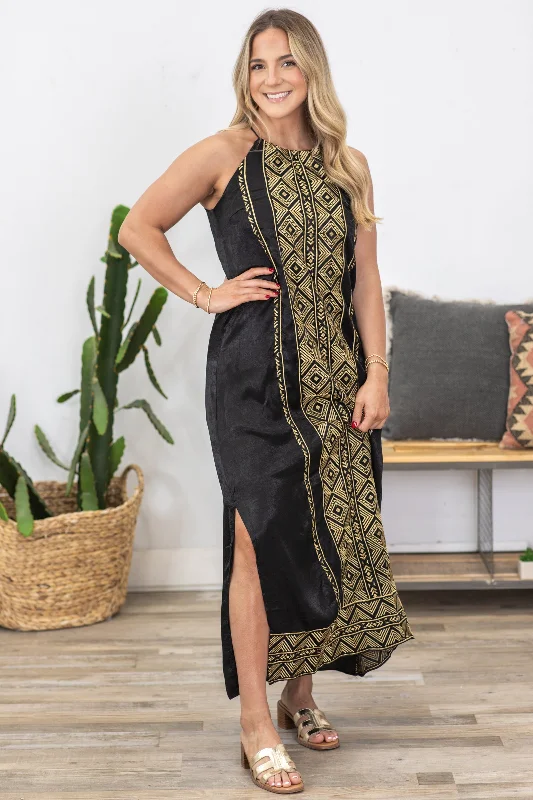 Women's maxi dress everyday glow -Black And Gold Embroidery Detail Maxi Dress