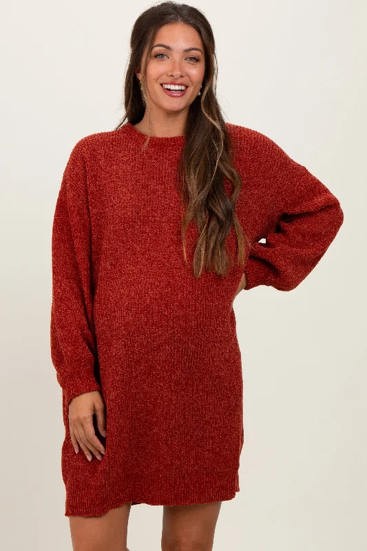 maternity knee length dress -Rust Chenille Knit Maternity Sweater Dress