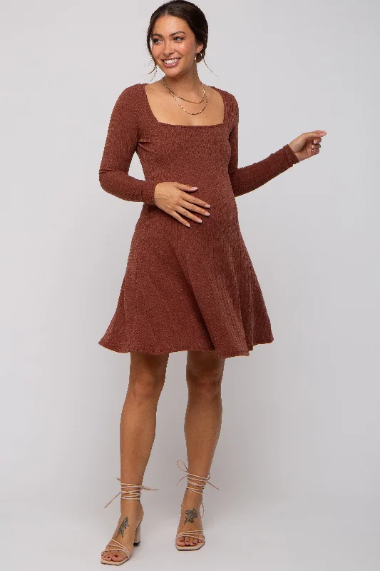 maternity shift dress -Brown Square Neck Long Sleeve Maternity Dress