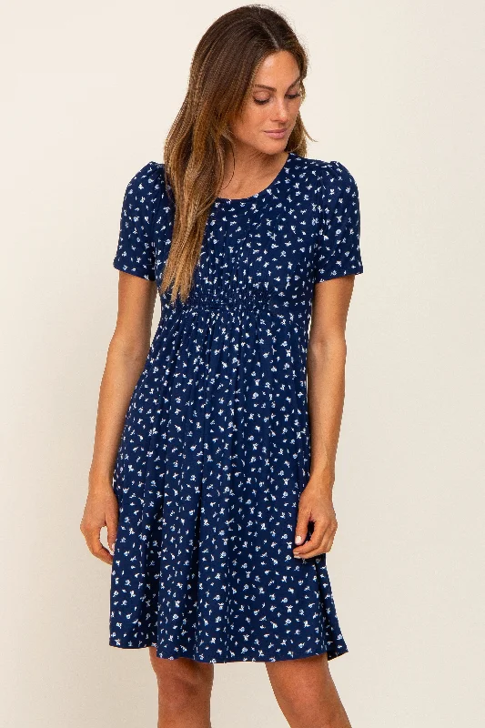 short sleeve high-neck dress -Navy Floral Smocked Short Sleeve Dress