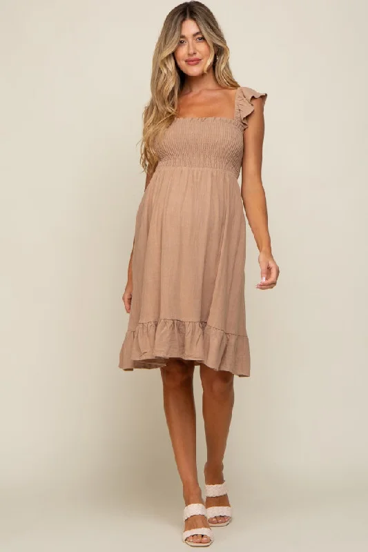 maternity breathable lightweight dress -Mocha Linen Sleeveless Smocked Maternity Dress