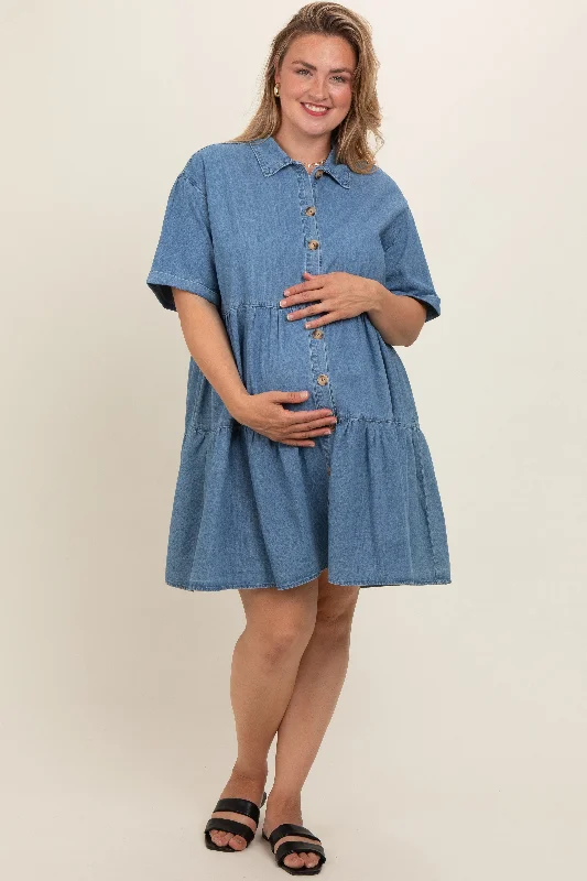 maternity trendy modern maternity dress -Blue Denim Button Down Tiered Plus Maternity Dress