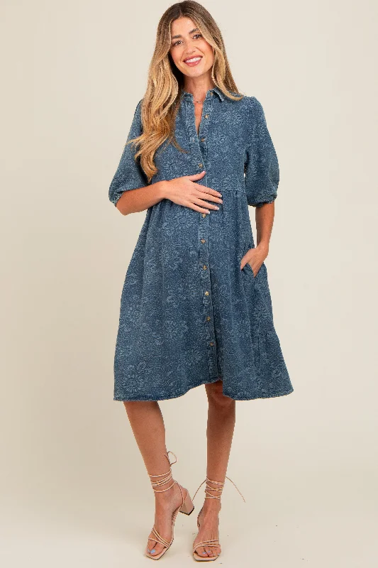 maternity fitted bodycon dress -Blue Denim Button Front Short Puff Sleeve Maternity Dress