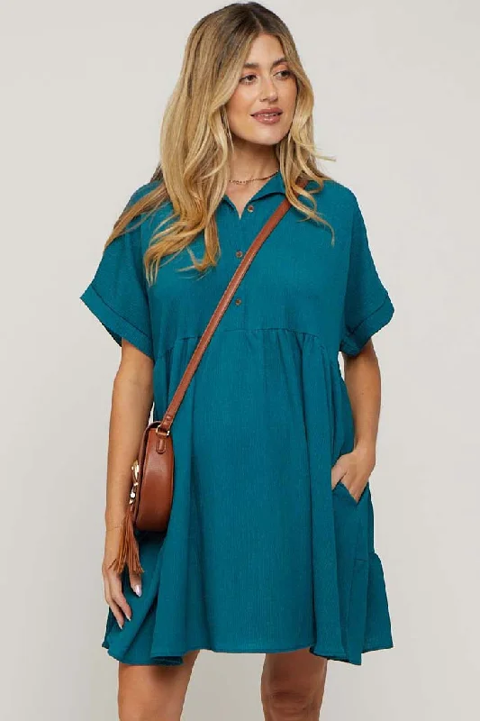 maternity nursing dress -Teal Collared Button Front Short Sleeve Maternity Dress