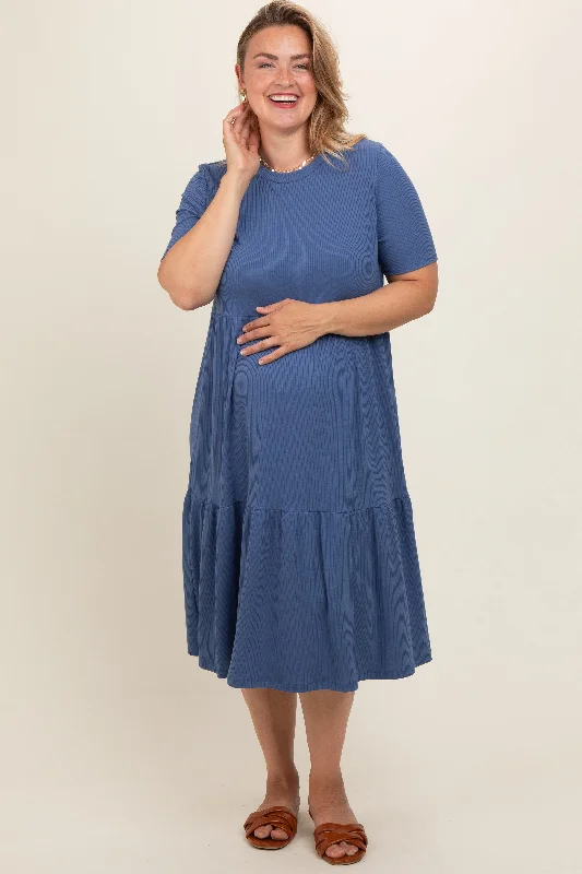 maternity party dress -Blue Ribbed Tiered Maternity Plus Dress