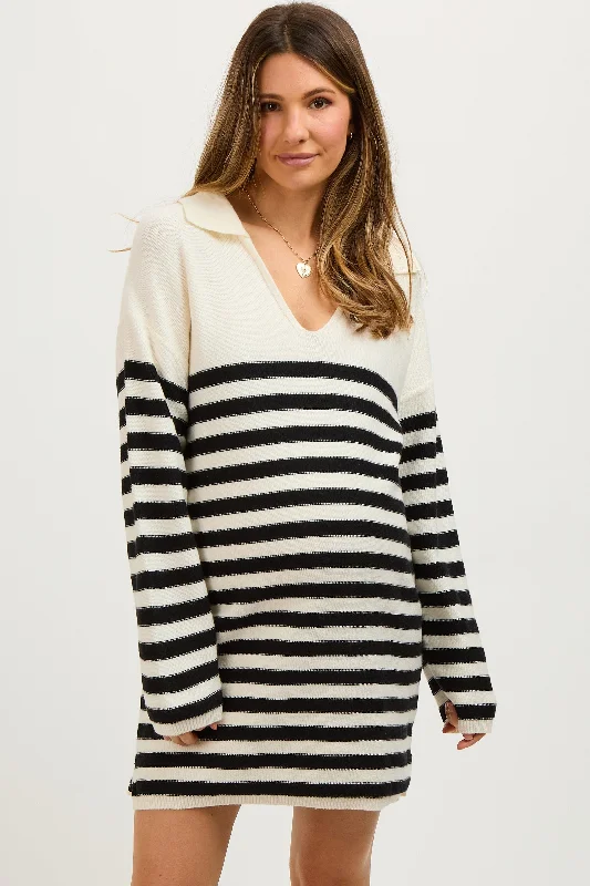 maternity wedding maternity gown -Ivory Striped Collared Long Sleeve Maternity Sweater Dress