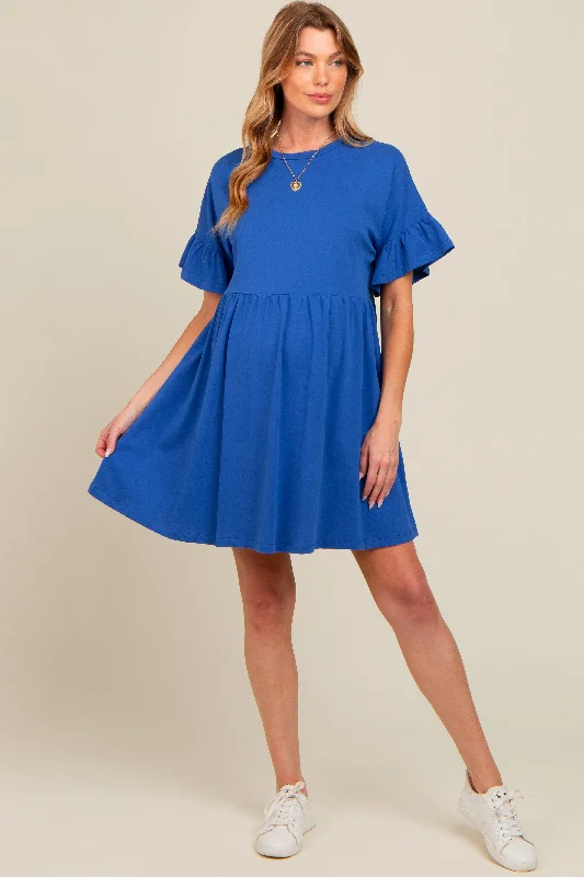 maternity knee length dress -Royal Blue Ruffle Sleeve Maternity Dress