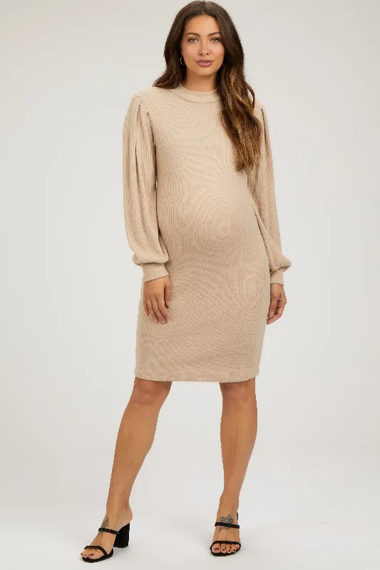 maternity functional nursing dress -Beige Ribbed Long Sleeve Mock Neck Maternity Dress