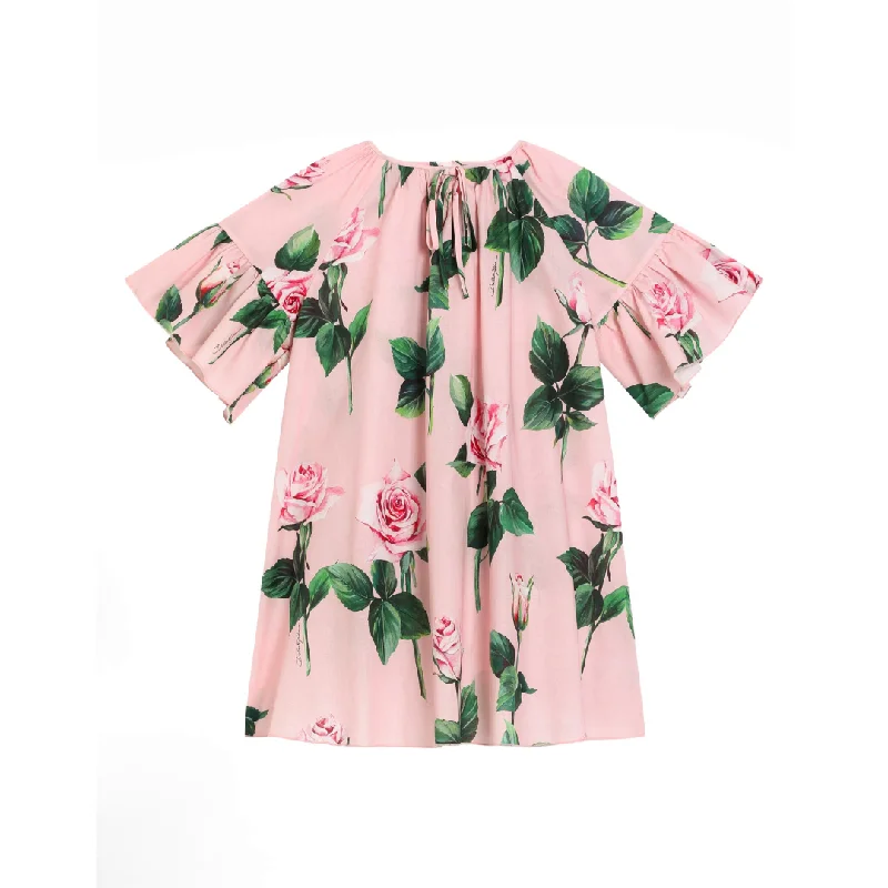 short sleeve street style dress -Rose Print Short Sleeves Dress