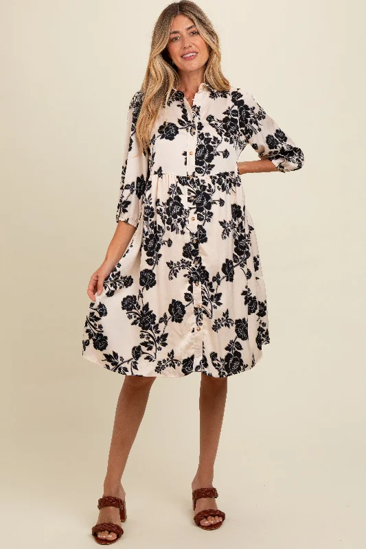 maternity long flowy maternity dress -Cream Floral Button Down Collared Maternity Dress