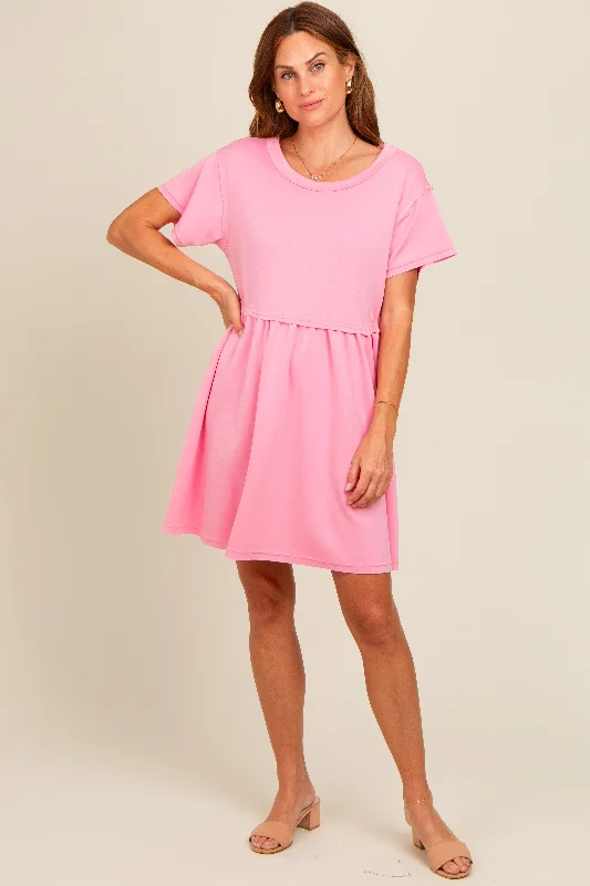 short sleeve rainbow dress -Pink Cut Edge Short Sleeve Dress