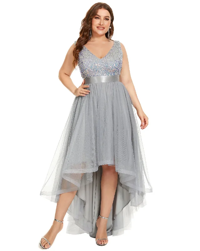 sleeveless delicate dress -Sleeveless Sequin Ribbon Waist Tulle High Low Evening Dress | Silver