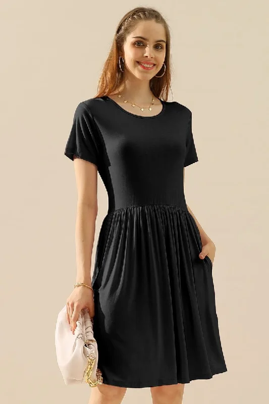 short sleeve slit maxi dress -CREWNECK SHIRRED FLOWY SWING SHORT SLEEVE DRESSES