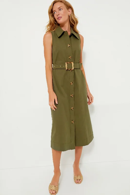 sleeveless denim dress -Army Green Sleeveless Chamberlin Dress