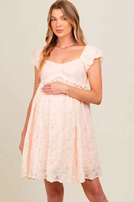 maternity long maternity dress -Light Pink Floral Lace Embroidered Puff Sleeve Maternity Dress