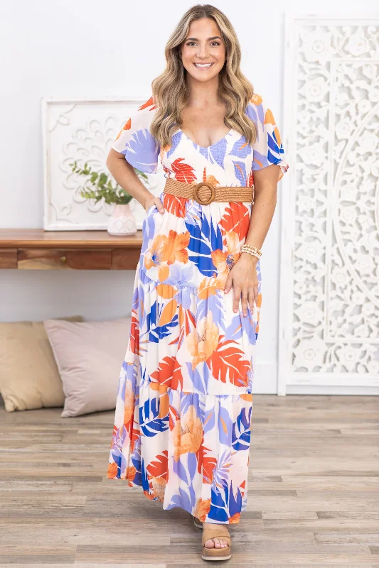 Women's maxi dress soft khaki -Blue and Orange Palm Tree Print Maxi Dress