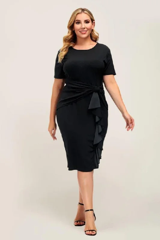 short sleeve collared dress -HN Women Plus Size Ruffle Decorated Bodycon Dress Short Sleeve Crew Neck