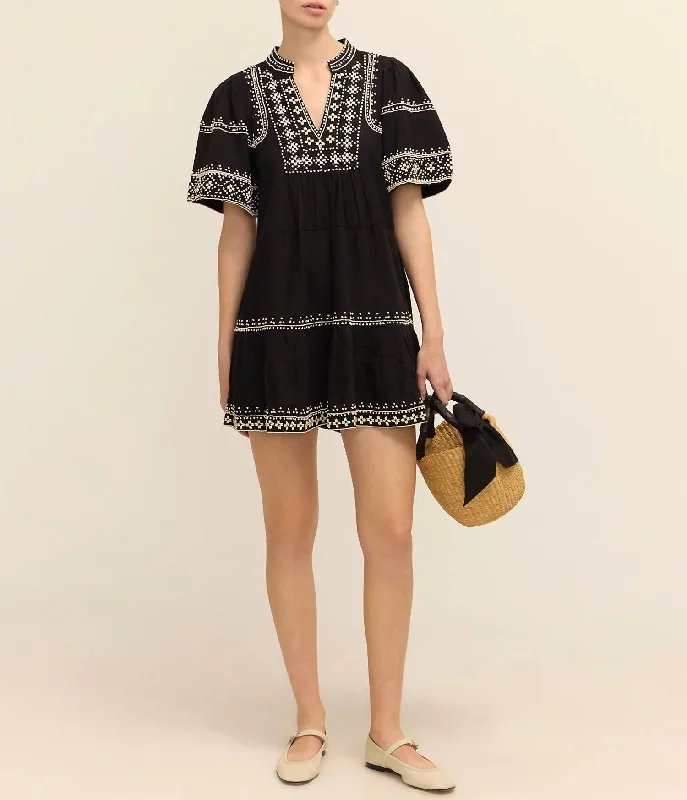 short sleeve A-line dress -Millie Embroidery Short Sleeve Tunic Dress In Black