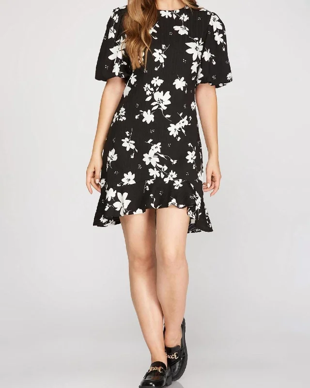 short sleeve retro dress -Puff Short Sleeve Print Dress In Black | Black