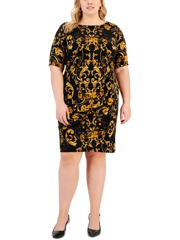 short sleeve abstract print dress -Plus Womens Printed Short Sleeves Sheath Dress